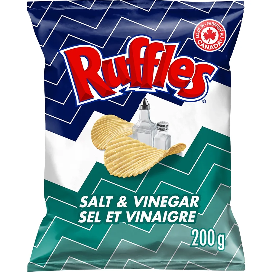 Ruffles Salt & Vinegar Chips 200g bag, showcasing the chips' ridged texture and tangy flavor.