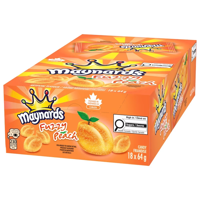 Maynards Fuzzy Peach Gummy Candy 18x64g box, showing the packaging and peach-shaped gummy candies
