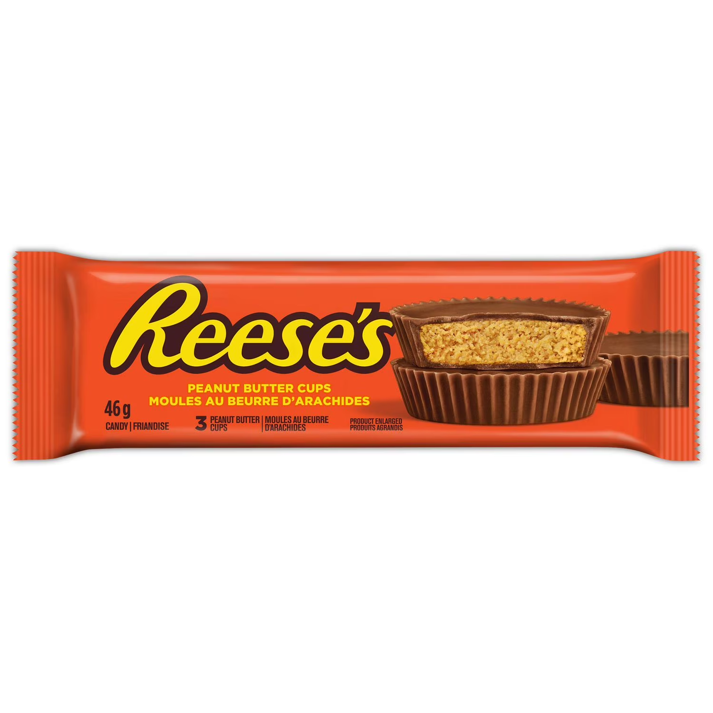 REESE'S Peanut Butter Cups Candy 46g packaging, showing the orange wrapper and classic peanut butter cup