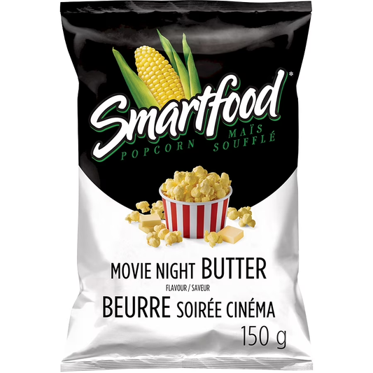 Smartfood Popscorn Movie Night Butter Seasoned Popcorn 150g packaging, showing the bag and butter flavored popcorn
