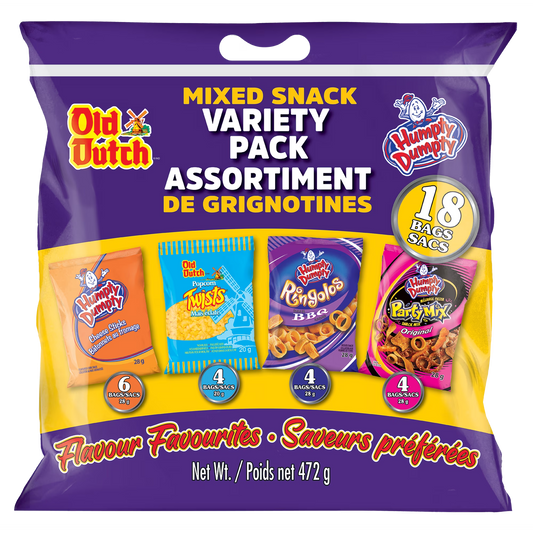 Old Dutch Snacks Poly Variety Pack 18 Packs, showing the box and multiple individually wrapped snack packs