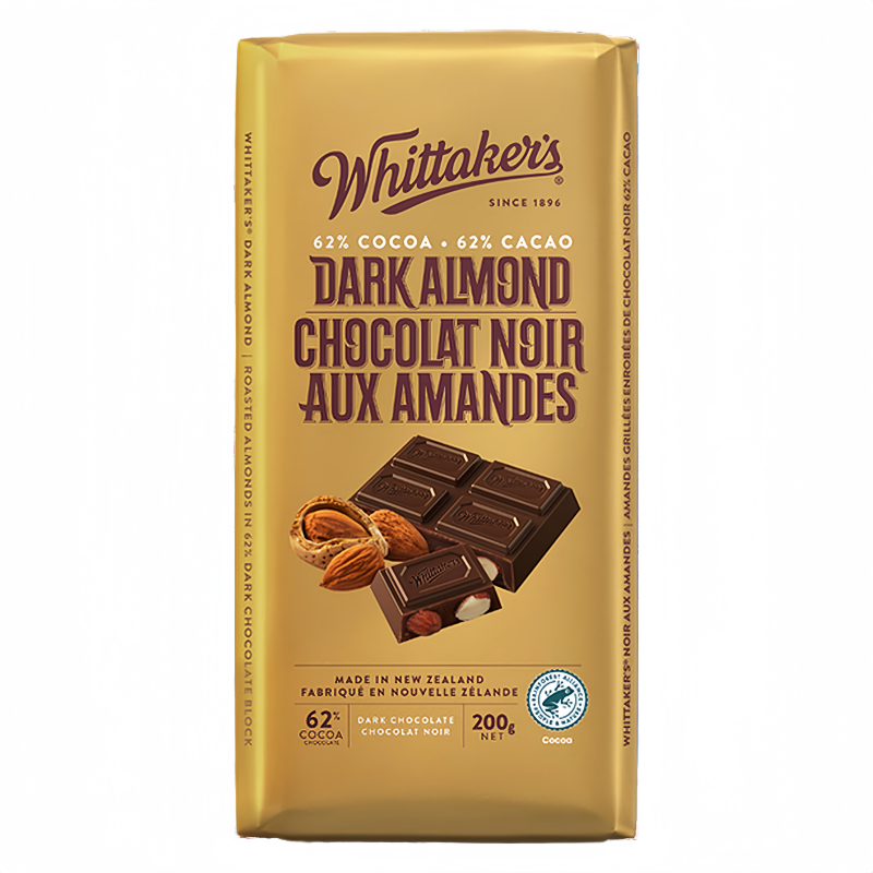 Whittaker's  Dark Almond 62% Cocoa Chocolate Block, 200g