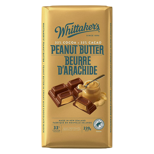 Whittaker's Peanut Butter 33% Cocoa Chocolate Block 220g packaging, showing the wrapper and chocolate block with peanut butter filling