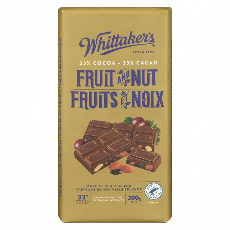 Whittaker's Fruit & Nut 33% Cocoa Chocolate Block, 200g