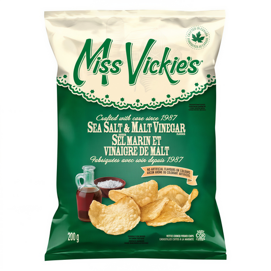 Miss Vickie's Sea Salt & Malt Vinegar Kettle Cooked Potato Chips 200g packaging, showing the bag and thick kettle cooked chips