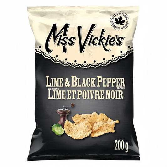 Miss Vickie's Lime & Black Pepper Kettle Cooked Potato Chips 200g packaging, showing the bag and thick kettle cooked chips