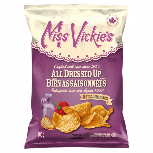 Miss Vickie's All Dressed Up Kettle Cooked Potato Chips 200g packaging, showing the bag and thick kettle cooked chips