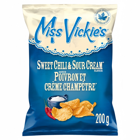 Miss Vickie's Sweet Chili & Sour Cream Kettle Cooked Potato Chips 200g packaging, showing the bag and thick kettle cooked chips
