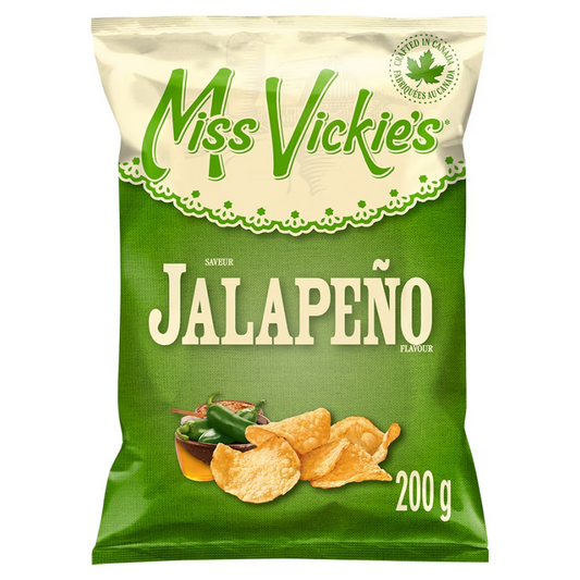 Miss Vickie's Jalapeno Kettle Cooked Potato Chips 200g packaging, showing the bag and thick kettle cooked chips