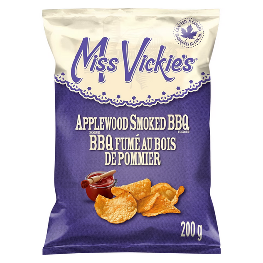 Miss Vickie's Applewood Smoked BBQ Kettle Cooked Potato Chips 200g packaging, showing the bag and thick kettle cooked chips