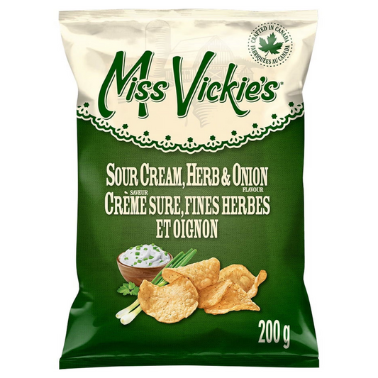 Miss Vickie's Sour Cream, Herb & Onion Kettle Cooked Potato Chips 200g packaging, showing the bag and thick kettle cooked chips