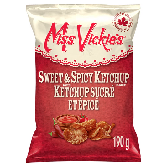 Miss Vickie's Sweet & Spicy Ketchup Kettle Cooked Potato Chips 190g packaging, showing the bag and thick kettle cooked chips
