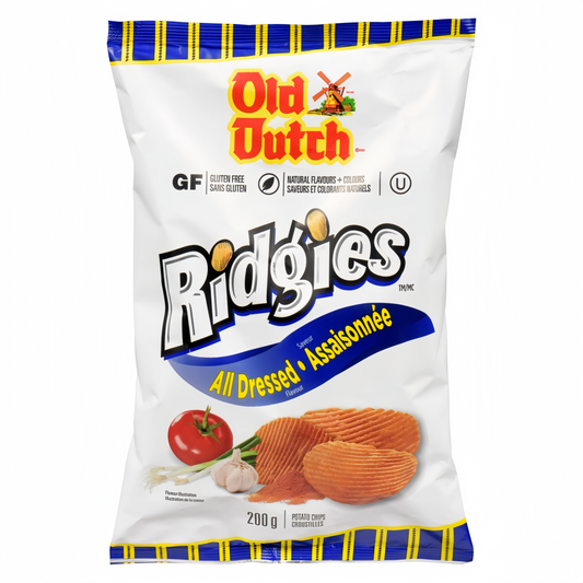 Old Dutch Ridgies All Dressed Potato Chips 200g packaging, showing the bag and ridged thick-cut chips