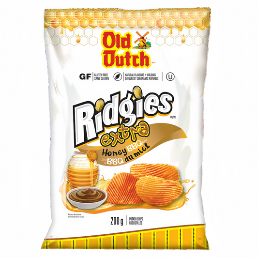 Old Dutch Ridges Extra Honey BBQ Potato Chips 200g packaging, showing the bag and ridged thick-cut chips