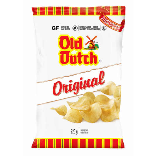 Old Dutch Original Potato Chips 220g packaging, showing the bag and golden ridged chips