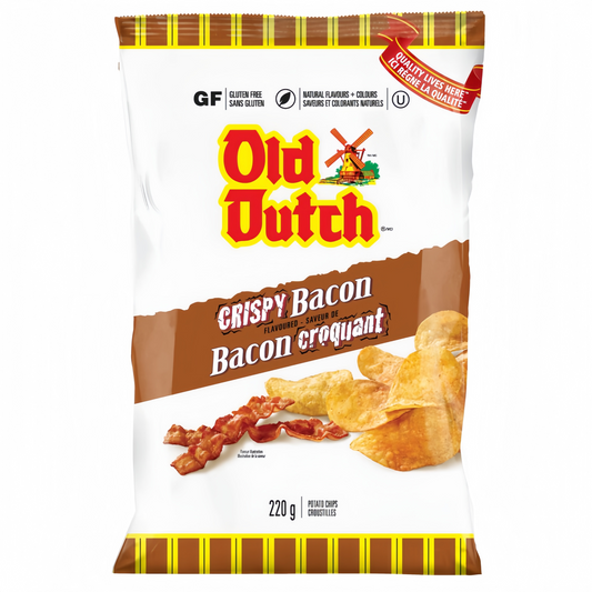 Old Dutch Crispy Bacon Potato Chips 220g packaging, showing the bag and ridged thick-cut chips