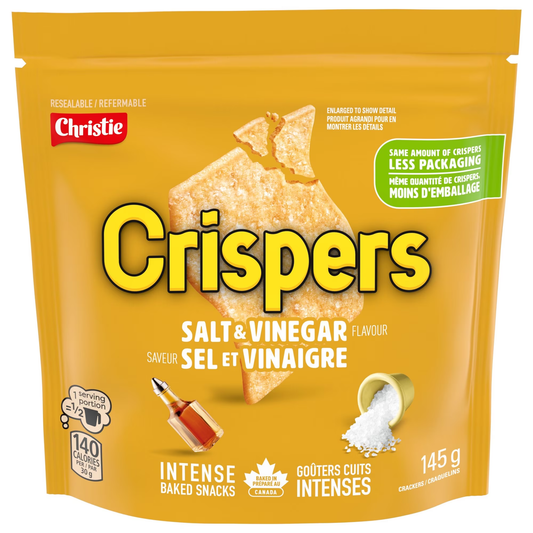 Crispers Salt & Vinegar Flavor Crackers 145g packaging, showing the bag and light crispy crackers