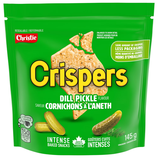 Crispers Dill Pickle Flavor Crackers 145g packaging, showing the bag and light crispy crackers