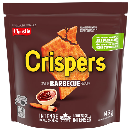 Crispers Barbecue Flavor Crackers 145g packaging, showing the bag and light crispy crackers