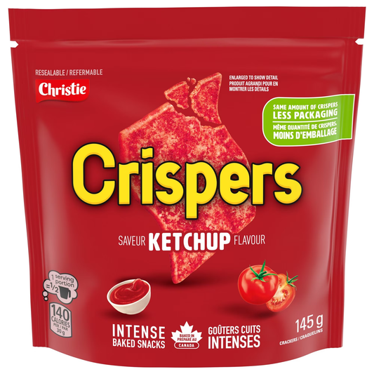 Crispers Ketchup Flavor Crackers 145g packaging, showing the bag and light crispy crackers