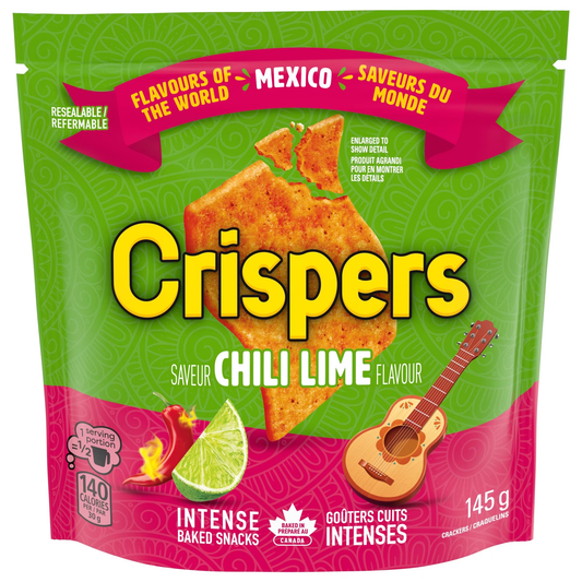Crispers Chili Lime Flavor Crackers 145g packaging, showing the bag and light crispy crackers