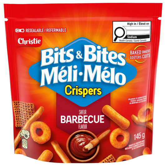 Crispers Bits & Bites Barbecue Crackers 145g packaging, showing the bag and mini crispy crackers
