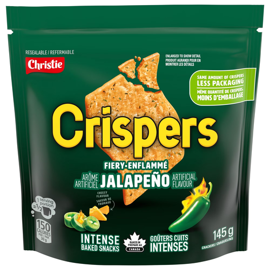 Crispers Jalapeno Flavor Crackers 145g packaging, showing the bag and light crispy crackers