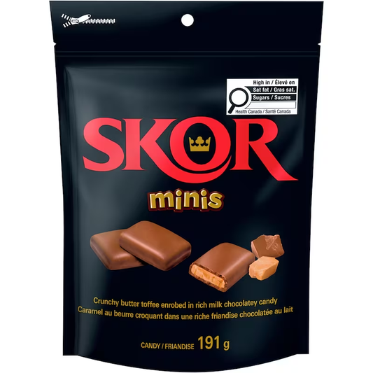 SKOR Chocolate Candy Bars Minis 191g packaging, showing the bag and individually wrapped mini chocolate bars