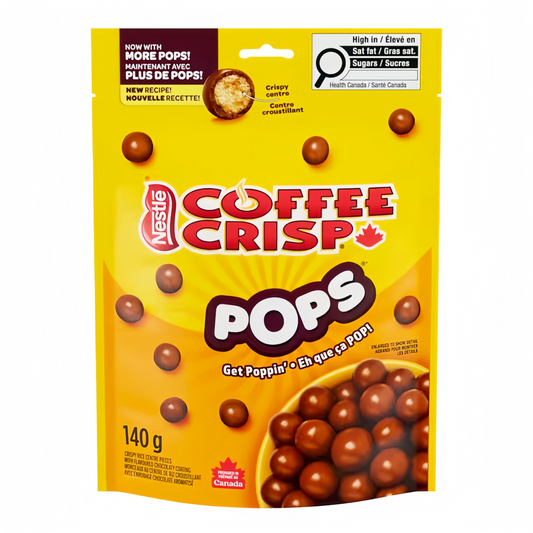 Coffee Crisp Pops 140g packaging, showing the bag and chocolate pops