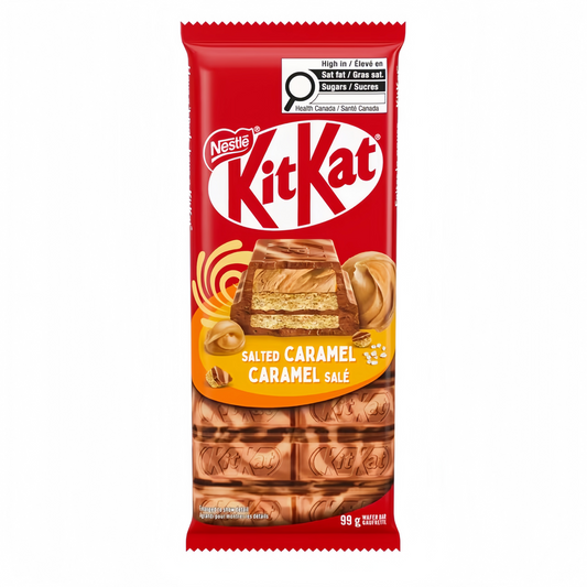 KitKat Salted Caramel 99g packaging, showing the pack and salted caramel flavored wafer chocolate