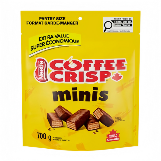 Coffee Crisp Minis 700g Pantry Size packaging, showing the large pack and individually wrapped minis