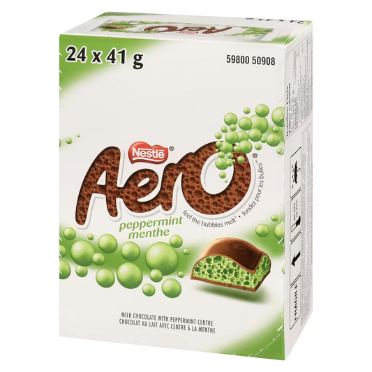 AERO Peppermint Chocolate Bars 41g x 24ct Box, showing the bulk box and individually wrapped chocolate bars