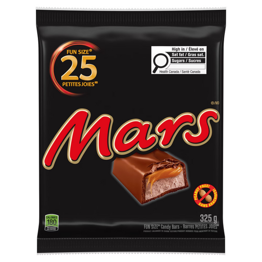 Mars Chocolate Bars Snack Size 25ct packaging, showing the bag and individually wrapped mini chocolate bars