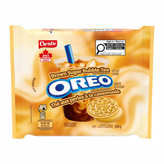 OREO Brown Sugar Bubble Tea Flavor packaging, showing the pack and bubble tea flavored creme cookies