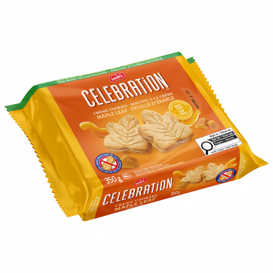 Celebration Maple Creme Cookies packaging, showing the pack and maple creme sandwich cookies