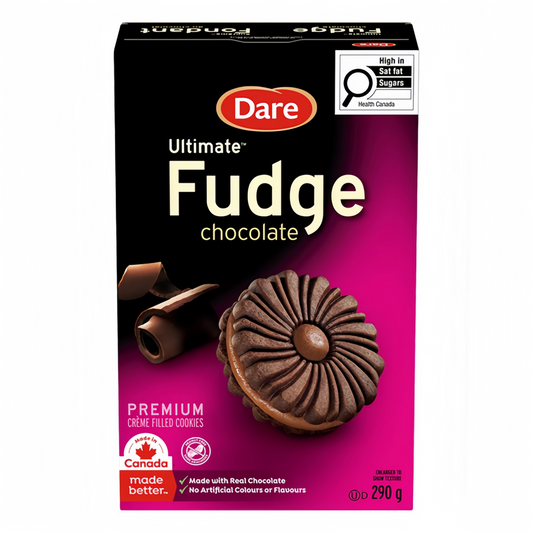 Dare Ultimate Fudge Chocolate Creme Cookies 290g packaging, showing the box and chocolate filled cookies