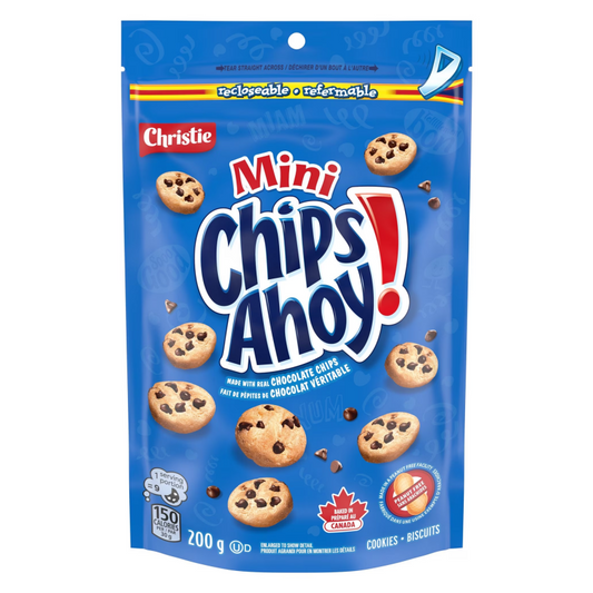 CHIPS AHOY! Mini Original Chocolate Chip Cookies 200g packaging, showing the bag and mini chocolate chip cookies