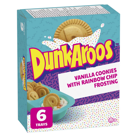 Dunkaroos vanilla cookies 168g, vanilla frosting, and rainbow sprinkles