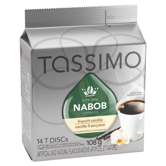 Tassimo Nabob French Vanilla Coffee T-Discs 14ct, showing the box and coffee pods