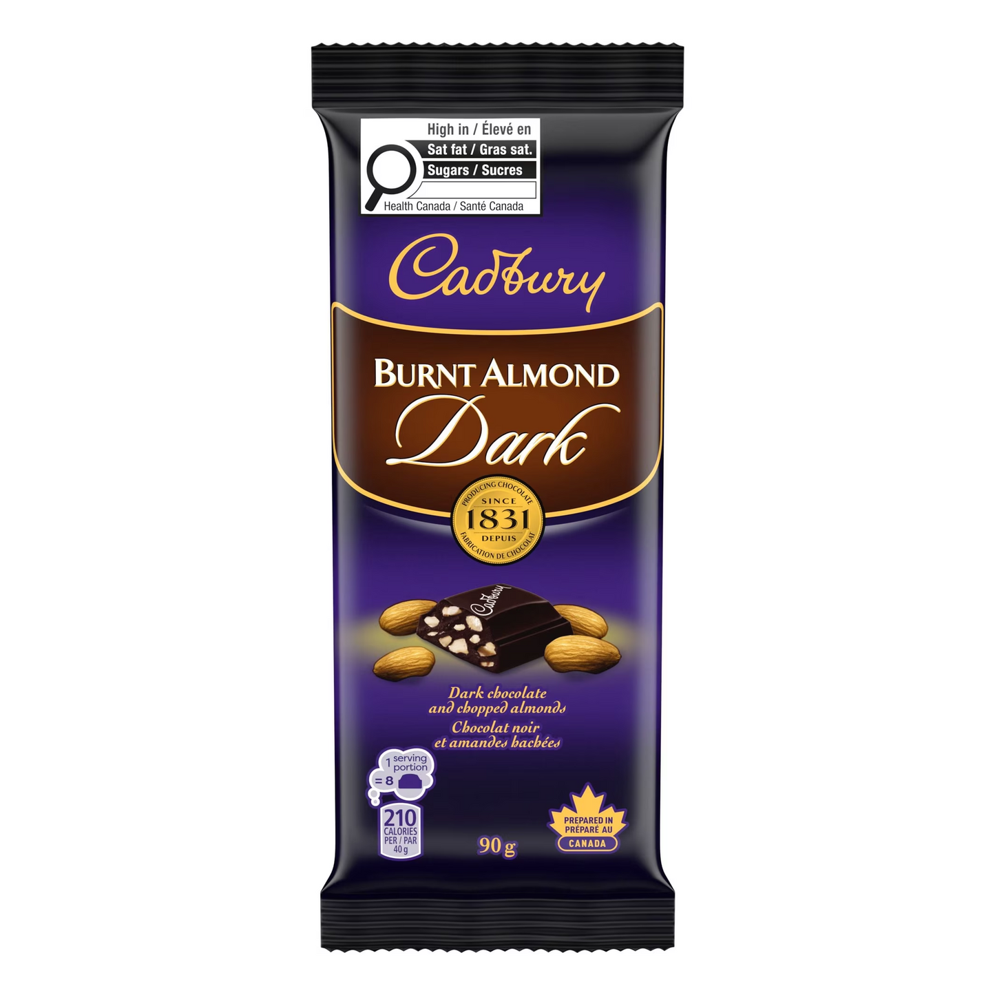 Cadbury Burnt Almond Chocolate Bar, Dark Chocolate with Chopped Almonds 90g