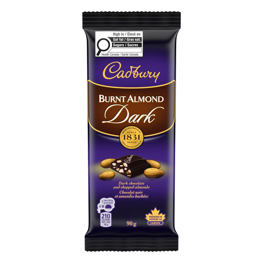 Cadbury Burnt Almond Dark Chocolate Bar 90g packaging, showing the dark wrapper and dark chocolate pieces