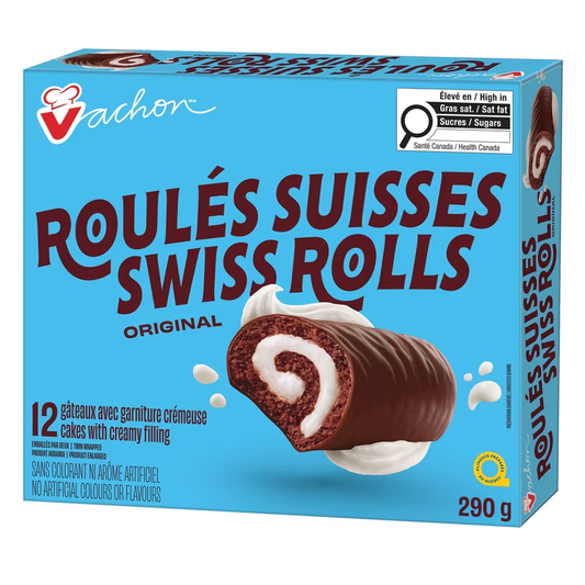 Vachon Swiss Rolls Original Cakes 12ct, showing the packaging and chocolate-coated Swiss roll cakes