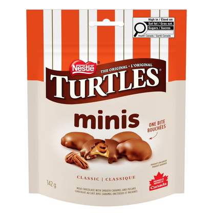 Turtles Minis Classic Recipe 142g resealable bag, showcasing bite-sized milk chocolate, caramel, and pecan pieces.