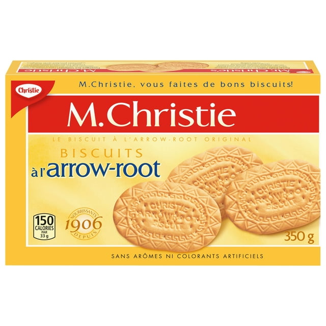 Mr. Christie's Arrowroot Cookies 350g box, showing the red packaging and round arrowroot biscuits