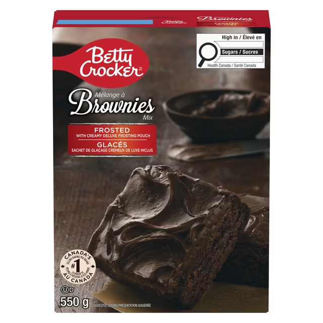 Betty Crocker Chocolate Brownie Mix with Chocolate Frosting 550g box, showing brownies with chocolate frosting finished product image