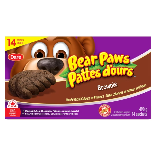 Dare Bear Paws Brownie Soft Cookies Family Pack 490g box, showing brownie flavour soft cookies and 14 individual pouches
