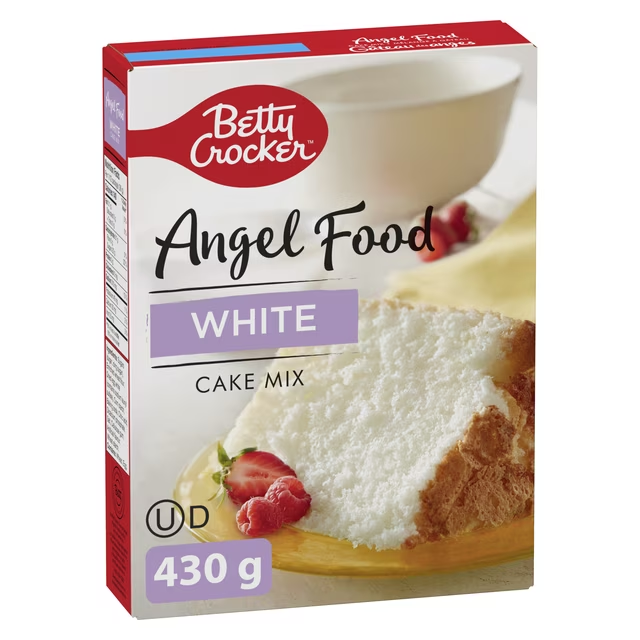 Betty Crocker Angel Food Cake Mix 430g box, showing the light and airy white cake finished product image