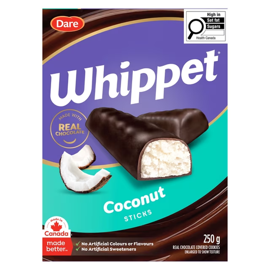 Dare Whippet Sticks Coconut Cookies 250g made with real chocolate and real coconut