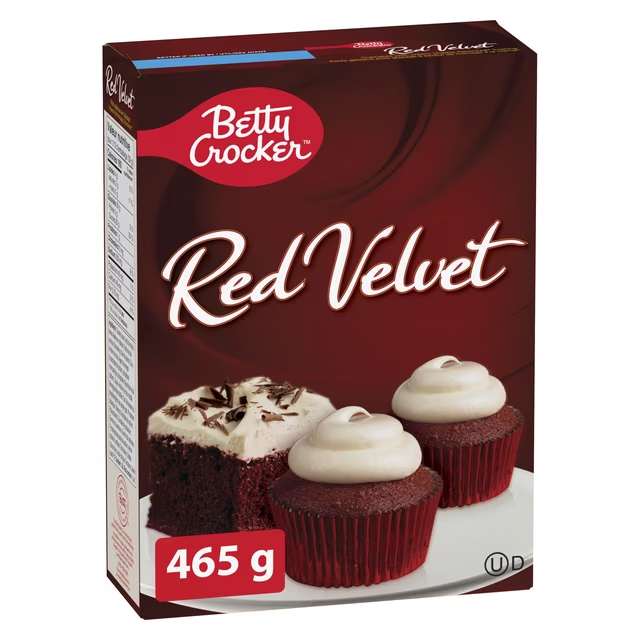 Betty Crocker Red Velvet Cupcake Mix with Frosting 465g box, showing red velvet cupcakes finished product image