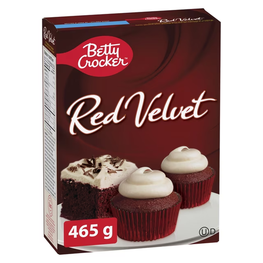 Betty Crocker Red Velvet Cupcake Mix with Frosting 465g box, showing red velvet cupcakes finished product image
